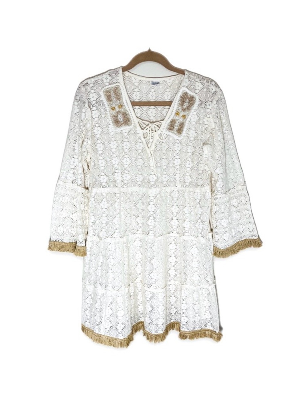 Boho Cotton Lace Mini Dress Beaded Collar Fringe Hem Bell Sleeves Indie Fairy